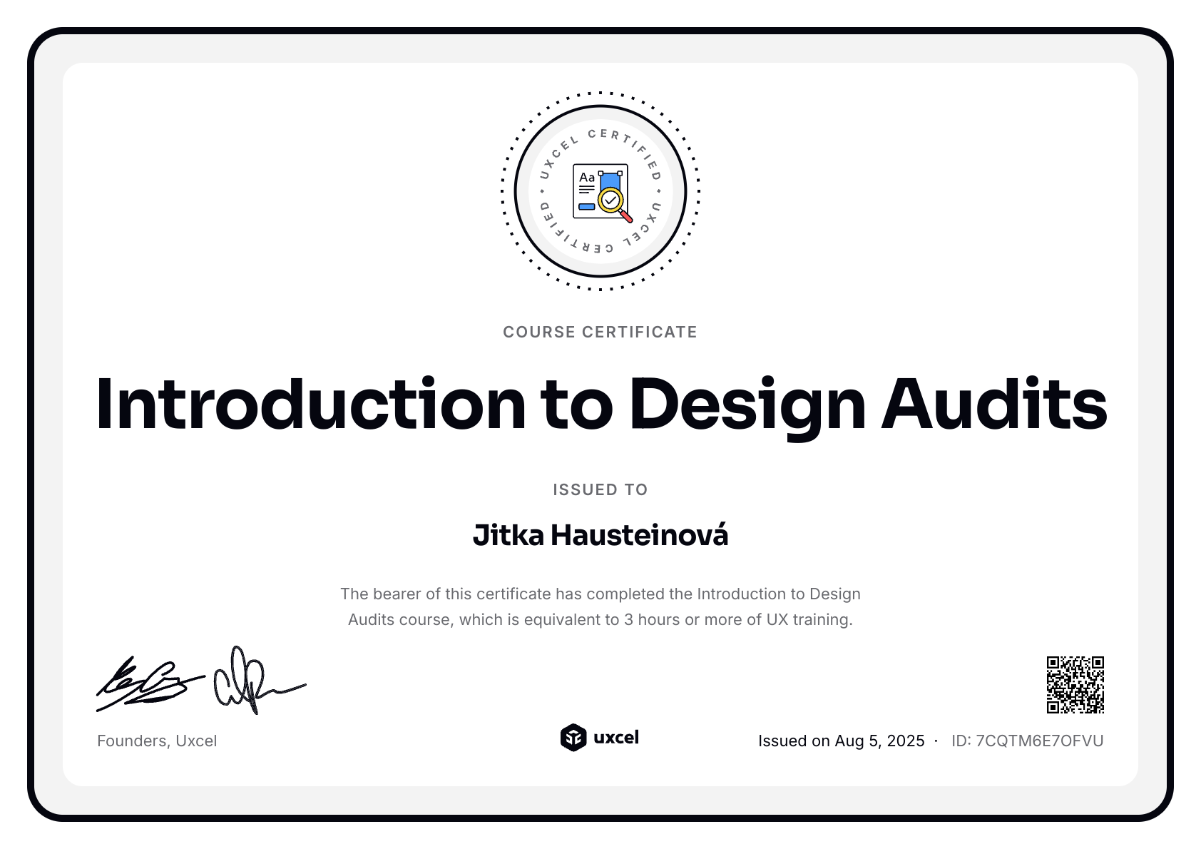 Jitka Hausteinová's certificate